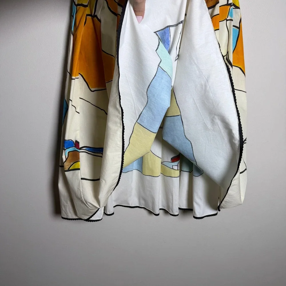 Zara Womens 100% Cotton Skirt M Artsy Multicolor Abstract Print Pleated Midi